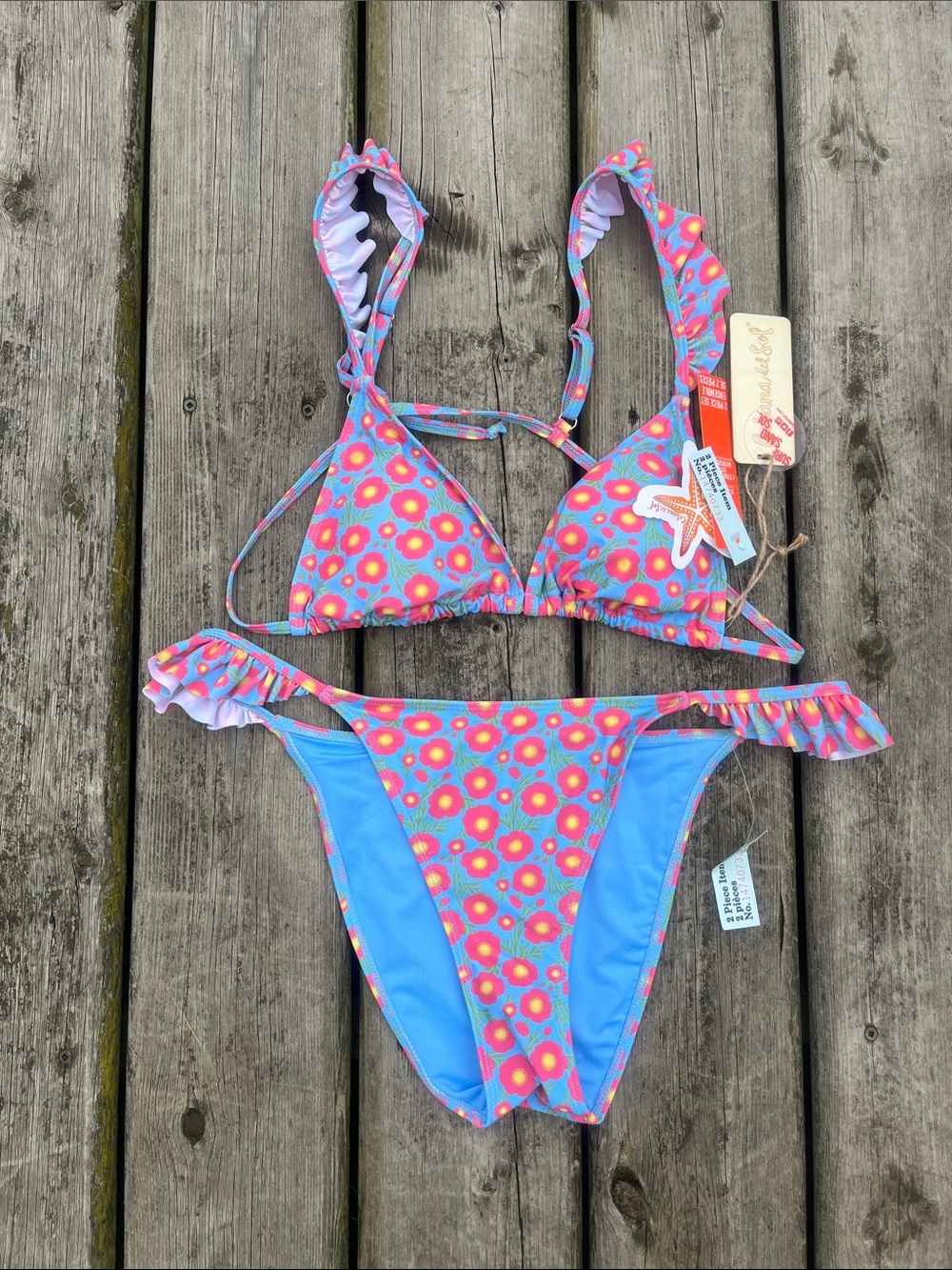 NWT Cabana Del Sol Floral Ruffle Triangle Bikini Size Large